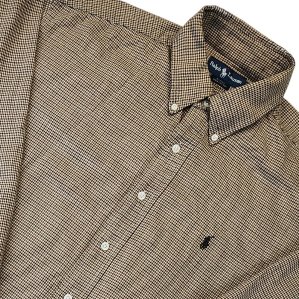 Ralph Lauren Houndstooth Shirt Mens L Brown Tan Cotton Button Down Long Sleeve